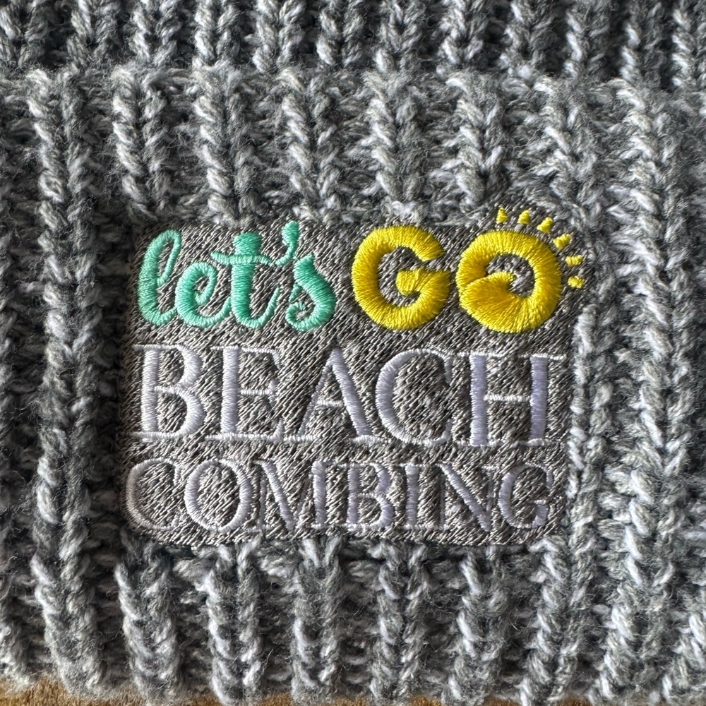 “Let’s Go Beach Combing” Gray Knit Beanie with Embroidered Design - Picture 2 of 6